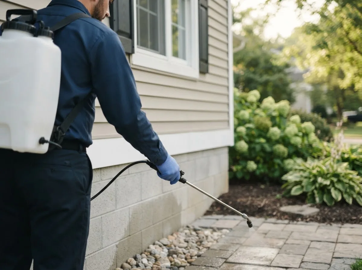 Pest control technician inspecting a home in Deering, MO